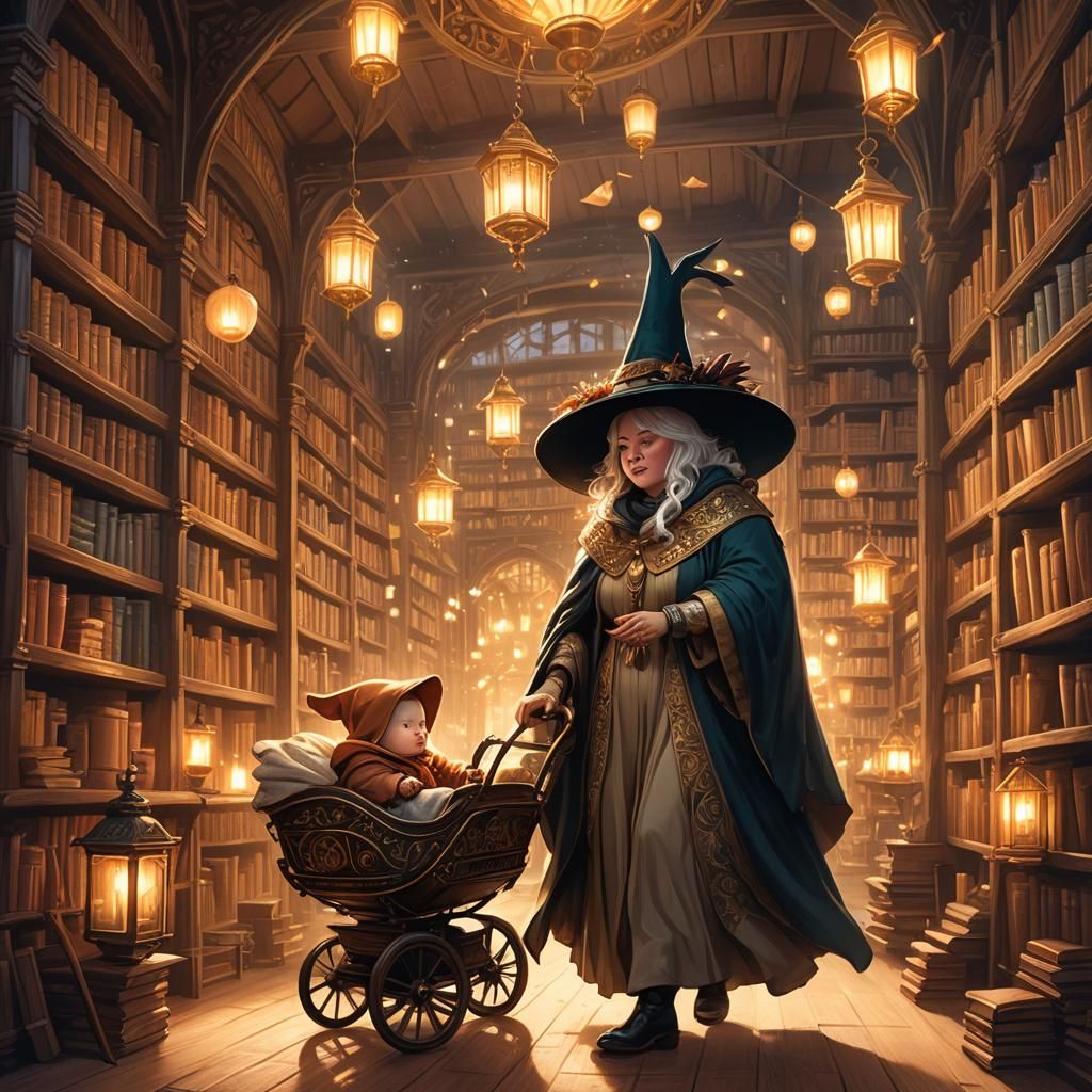 Mystical Library Scene with Woman and Stroller