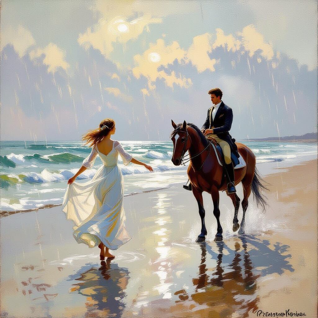 Woman Dancing in Rain, Man Approaching on Horseback