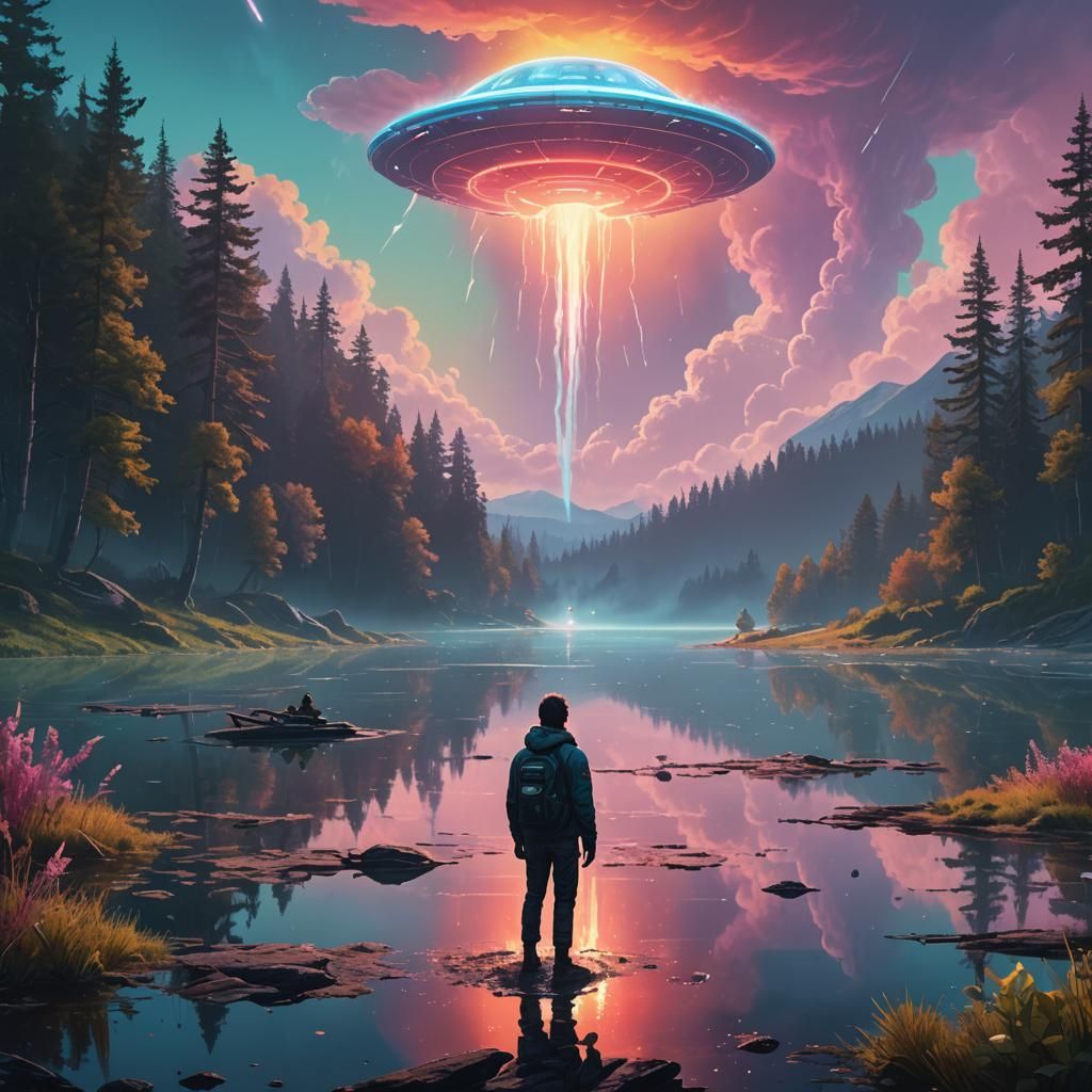 Otherworldly Beings Watch UFO in Ethereal Landscape