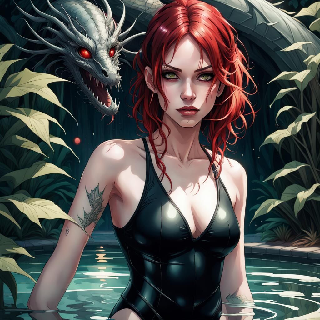 Goth Girl Portrait with Dragon Tattoos, Hyperdetailed Art