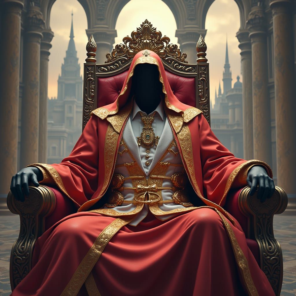 Regal Figure on Condom Throne in Dreamlike Cityscape