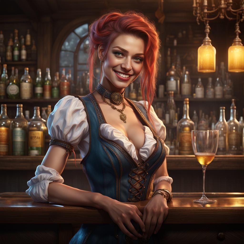 Fantasy Barmaid Serving Drinks in a Tavern