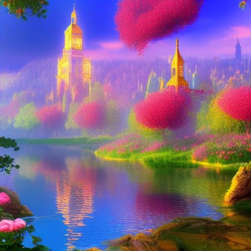 Magical Lake City in Springtime, Fantasy Art