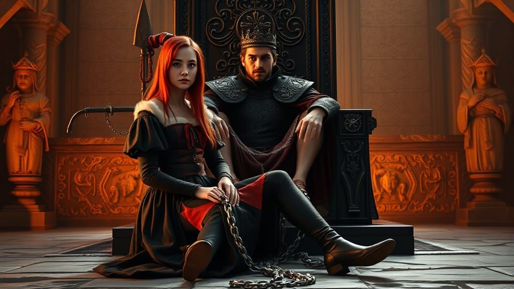 Beautiful redhead, female SCP guard captured by the old man force to sit on the floor with a metal chain around her neck...