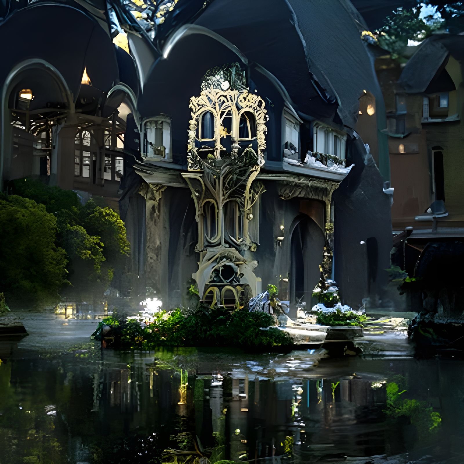 Moonlit Gothic Revival Castle with Art Nouveau Elements