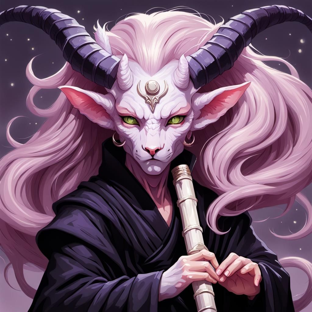 Pale Pink Tiefling Playing Flute