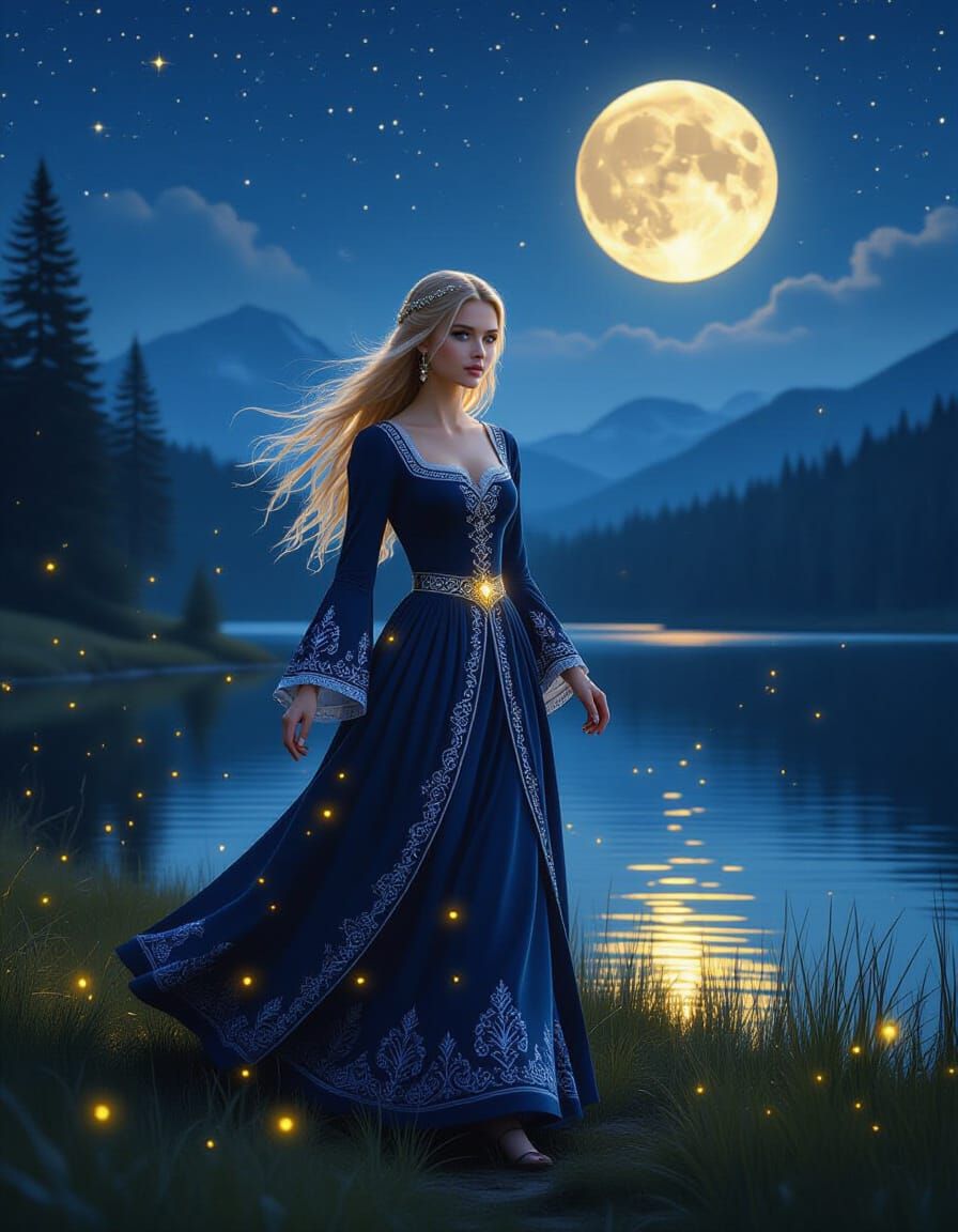 Medieval Maiden by Moonlit Lake in Enchanted Forest