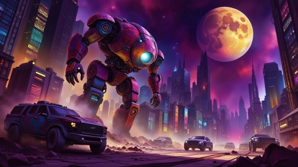 Giant Mecha Destroys Futuristic City in Gritty Noir Style