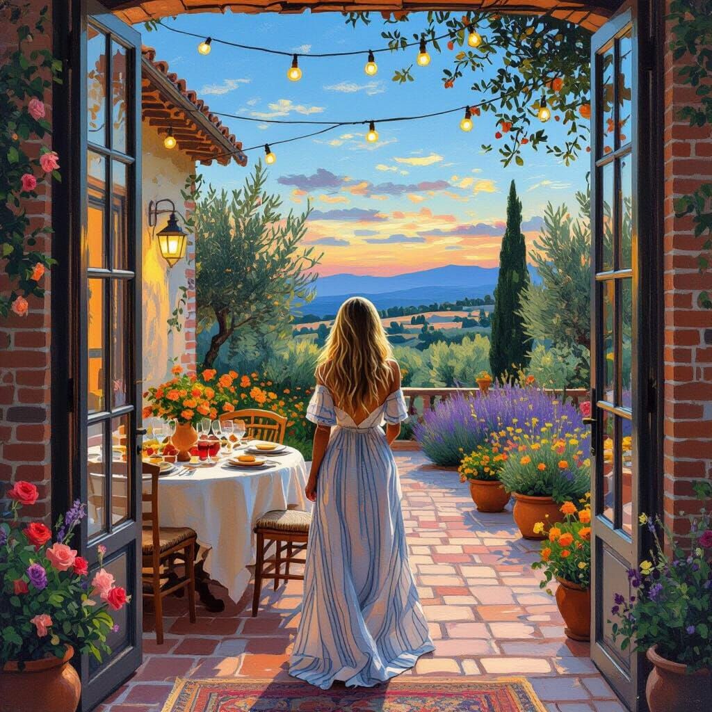 Golden-Haired Woman in Italian Cottage Garden