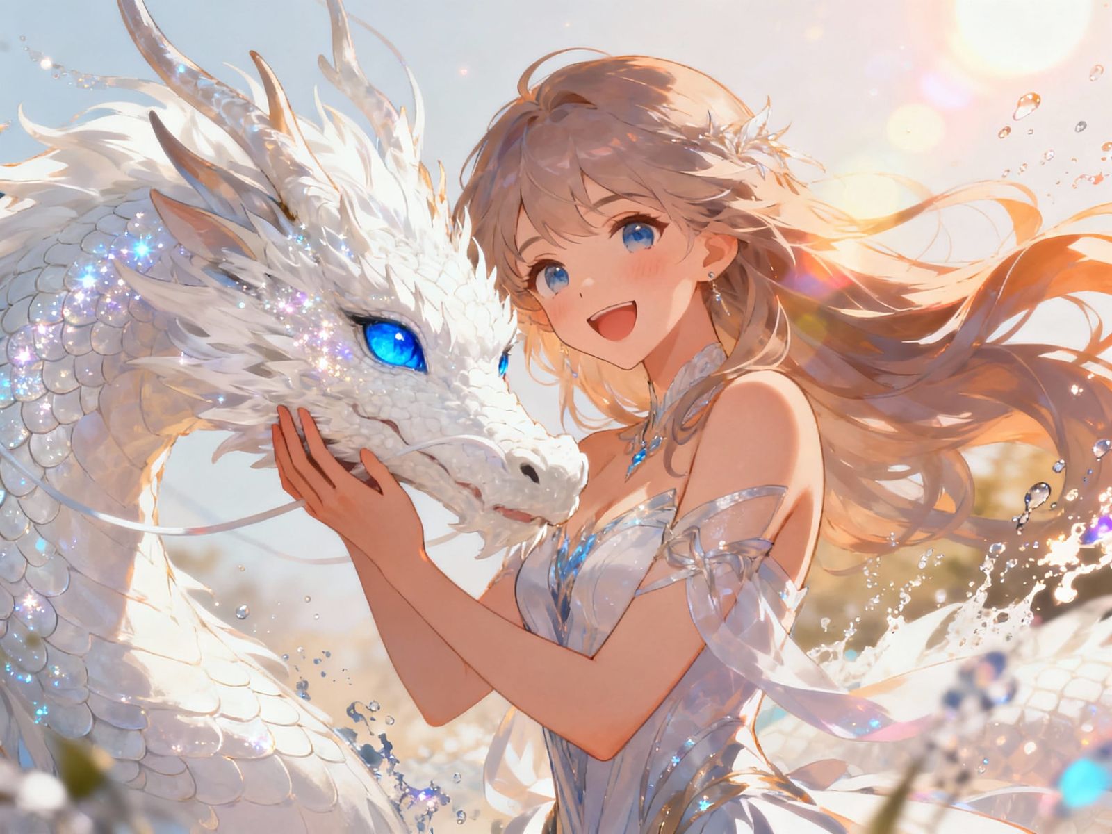 Anime Goddess Petting Sparkling White Dragon