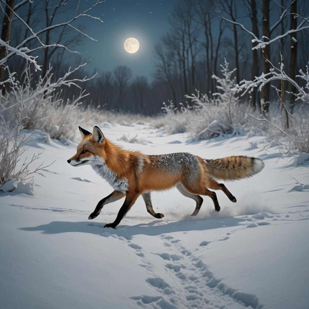 Impressionist Fox Running Through Snowy Moonlit Forest