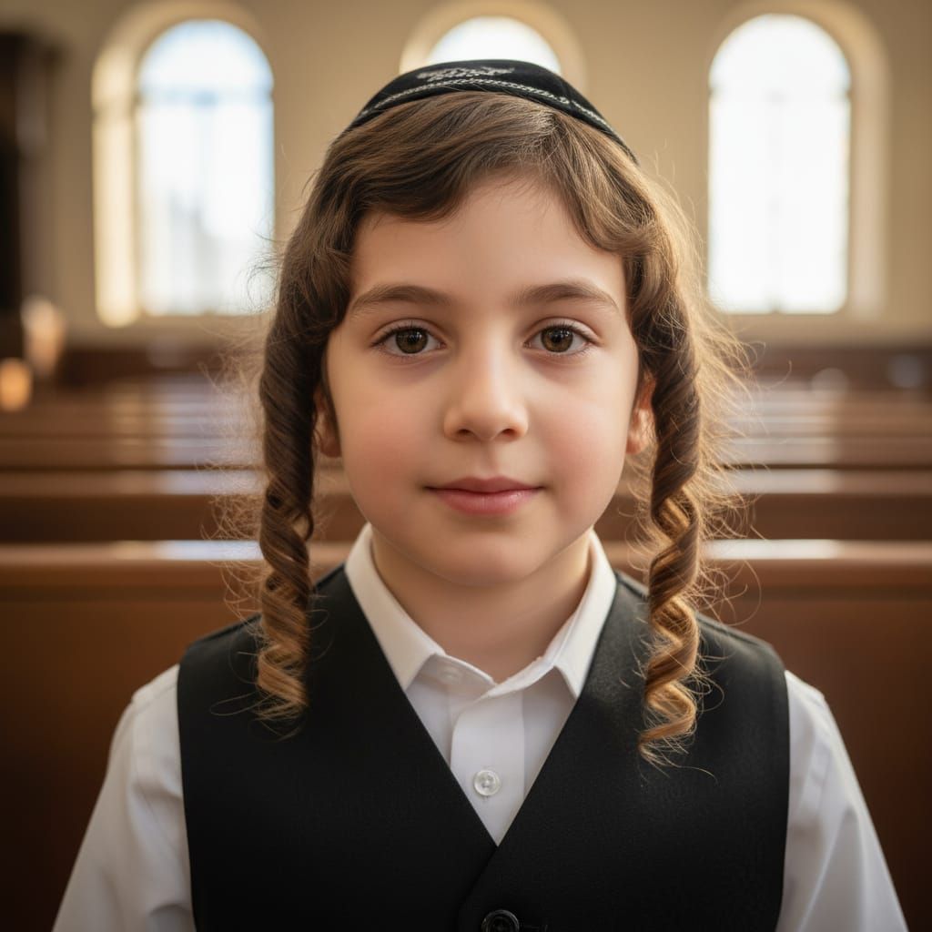 Realistic Portrait of Young Hasidic Boy with Curly Payot