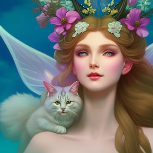 Dreamy Fairy Portrait with Cat and Flowers