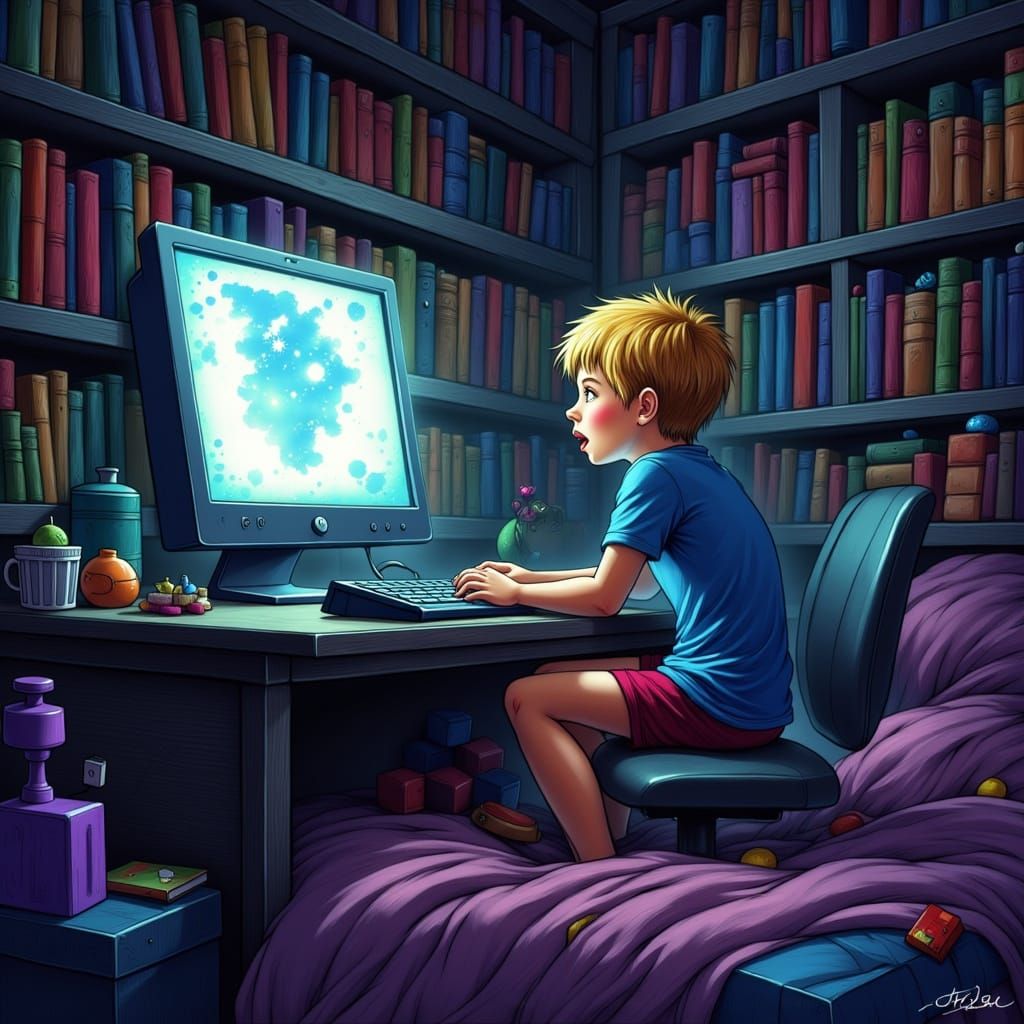 Boy Plays Minecraft in Pixelated Bedroom