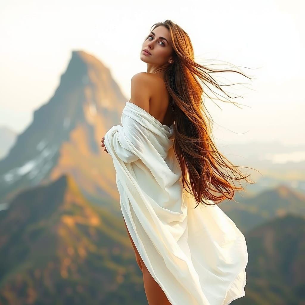 Ethereal Woman on Cliff in Retro Fineline Portrait