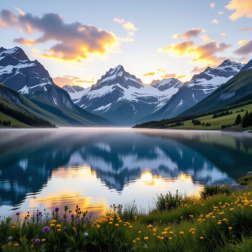 Golden Sunset Over Pristine Alpine Lake and Mountains