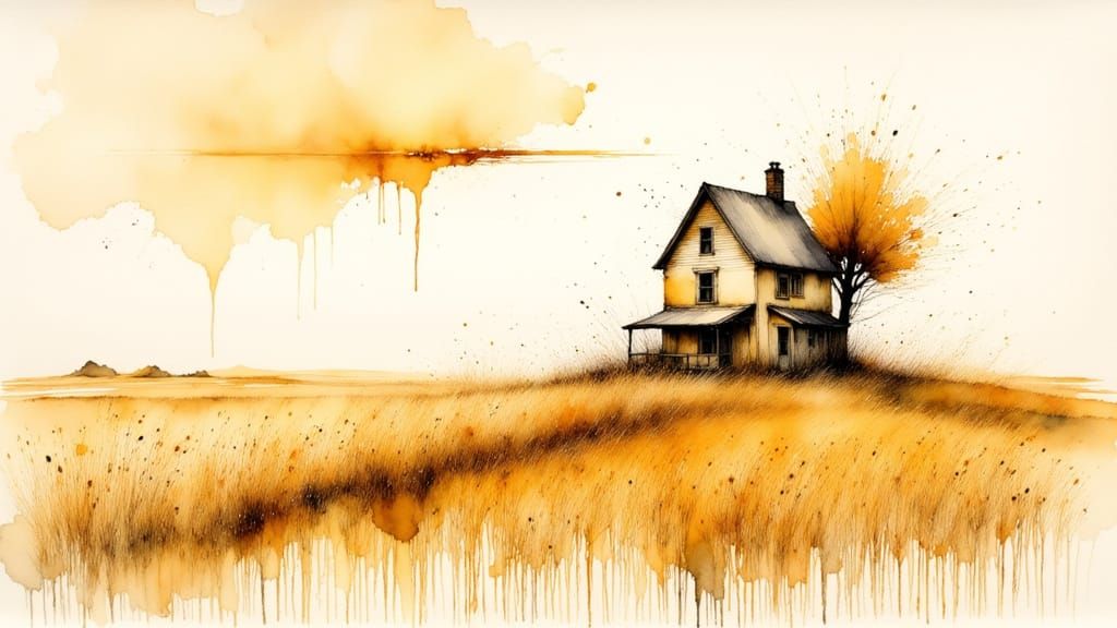 Cracked Golden Landscape with House: Kintsugi Mixed Media