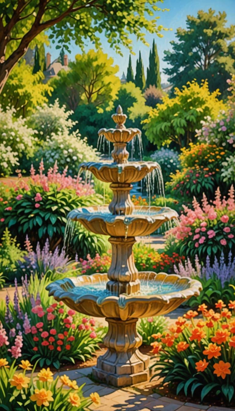 Impressionist Garden Fountain in Claude Monet Style