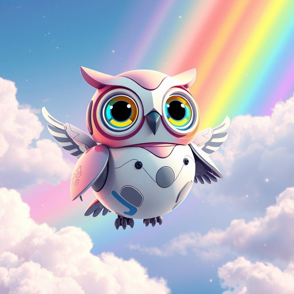 Pastel Robot Owl Soars in Dreamy Skies