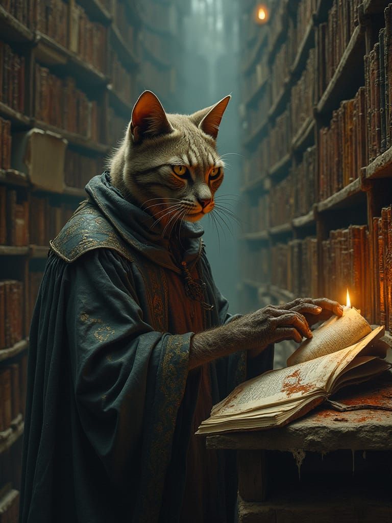 Cosmic Horror: Anthropomorphic Cat Scholar in Subterranean L...