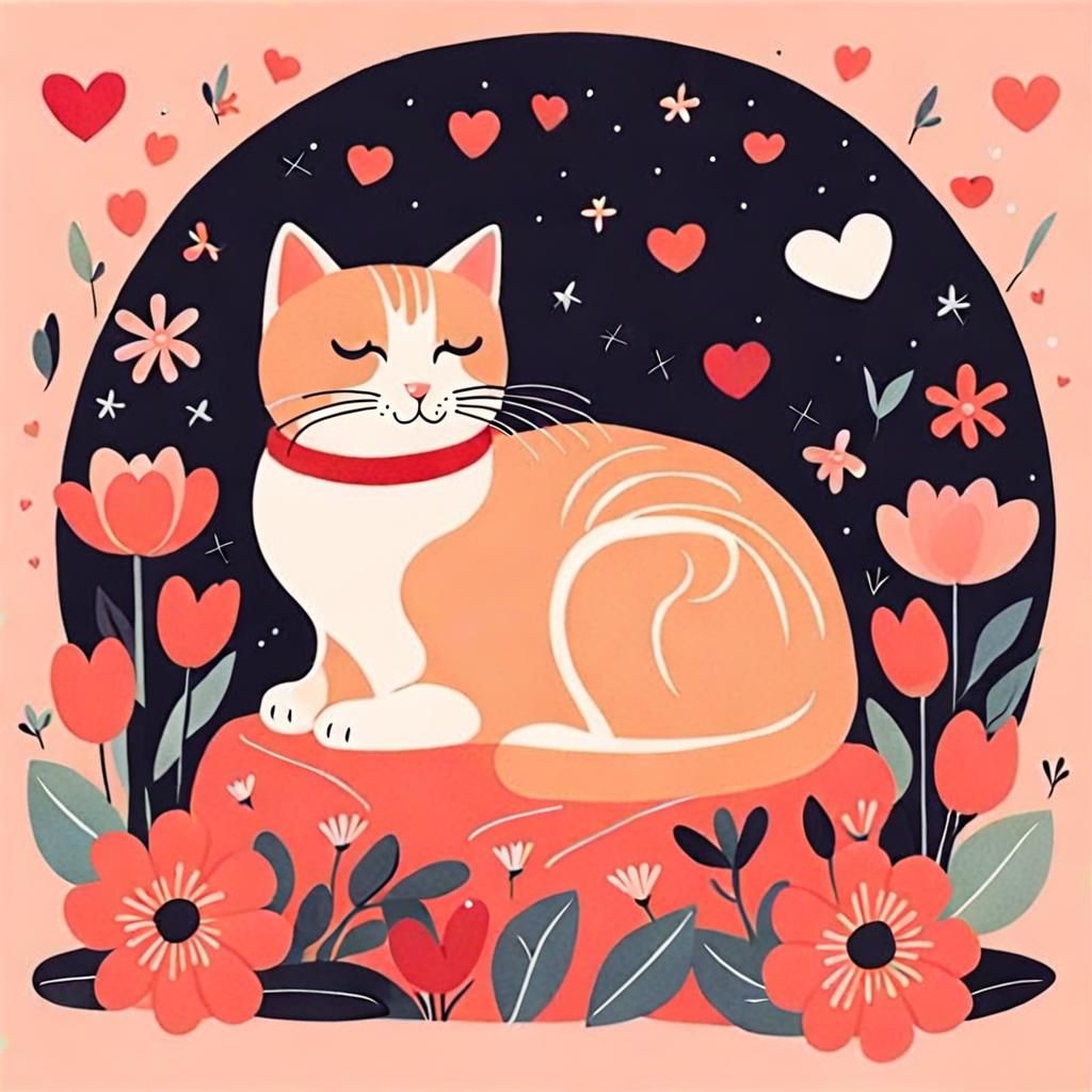 Cute Cat Surrounded by Flowers in Vector Art Style