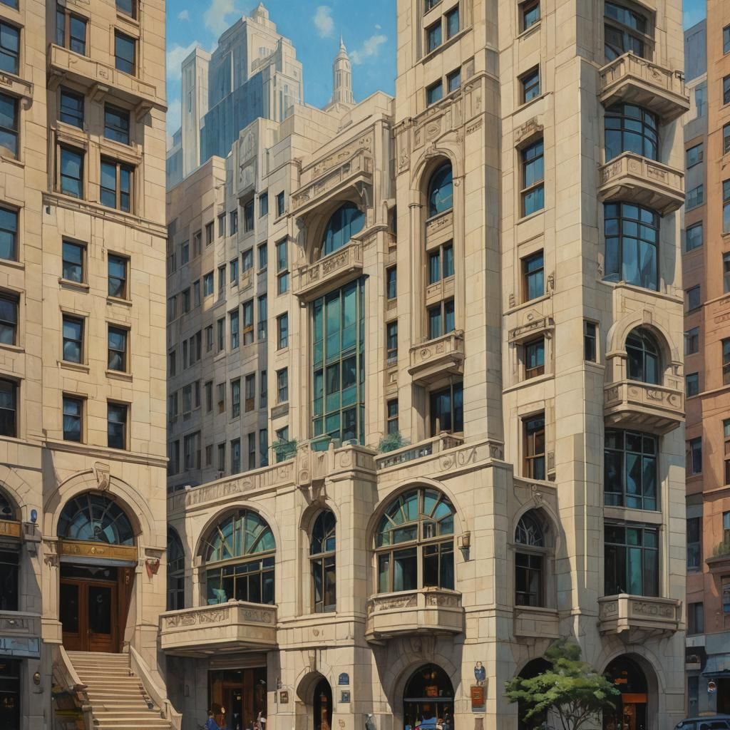 Art Deco Architecture in Oil Painting Style