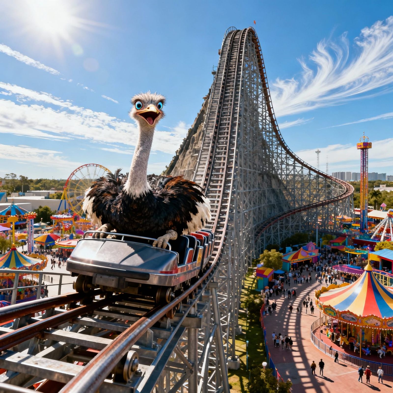 Ostrich on Roller Coaster: Thrill and Scale in Photorealisti...