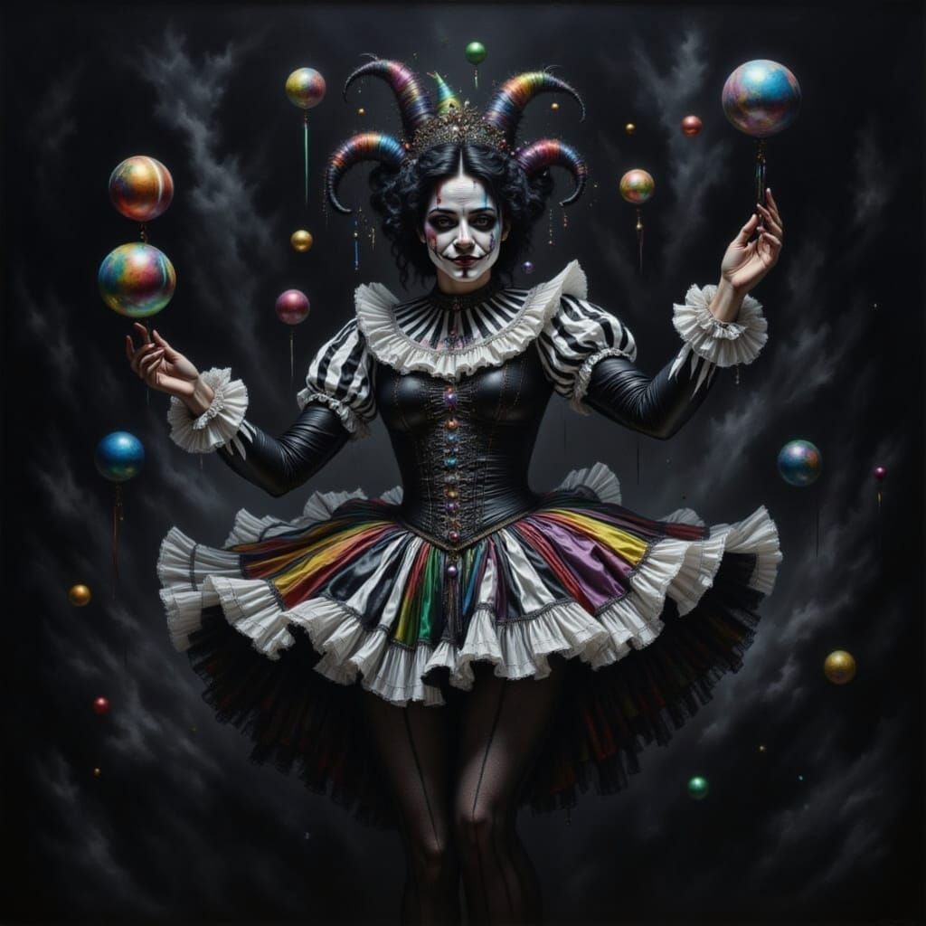 Dark Gothic Circus Jester Juggling on Stage