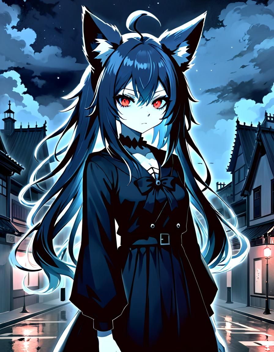Gothic Fox Girl in Misty Anime Style