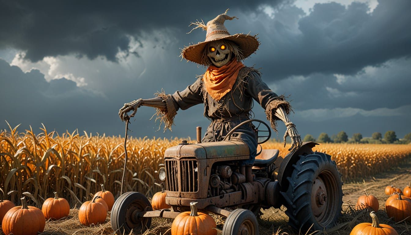 Ominous Scarecrow and Companion Among Pumpkin Field