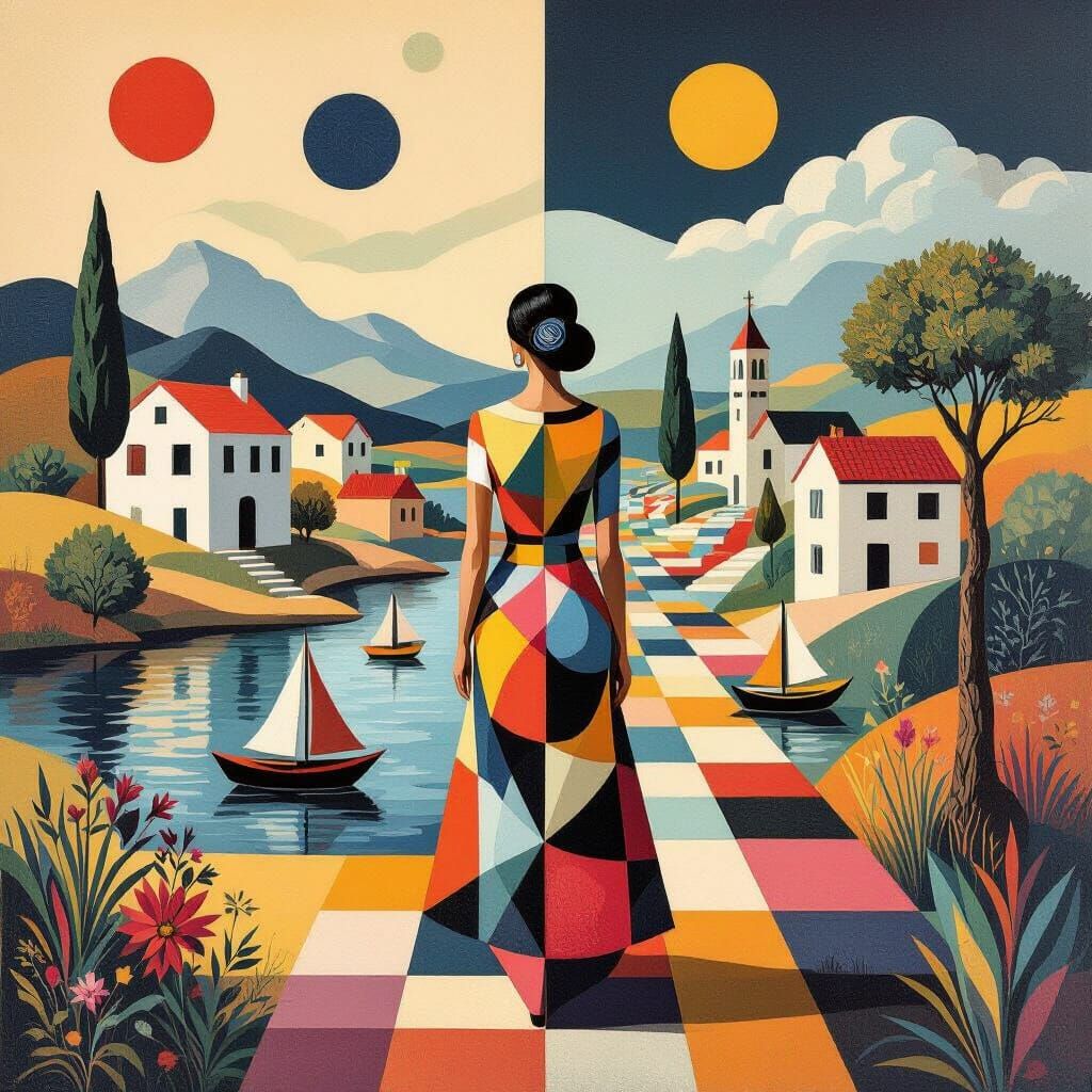 Surreal Landscape with Geometric Figures in Matte Painting S...