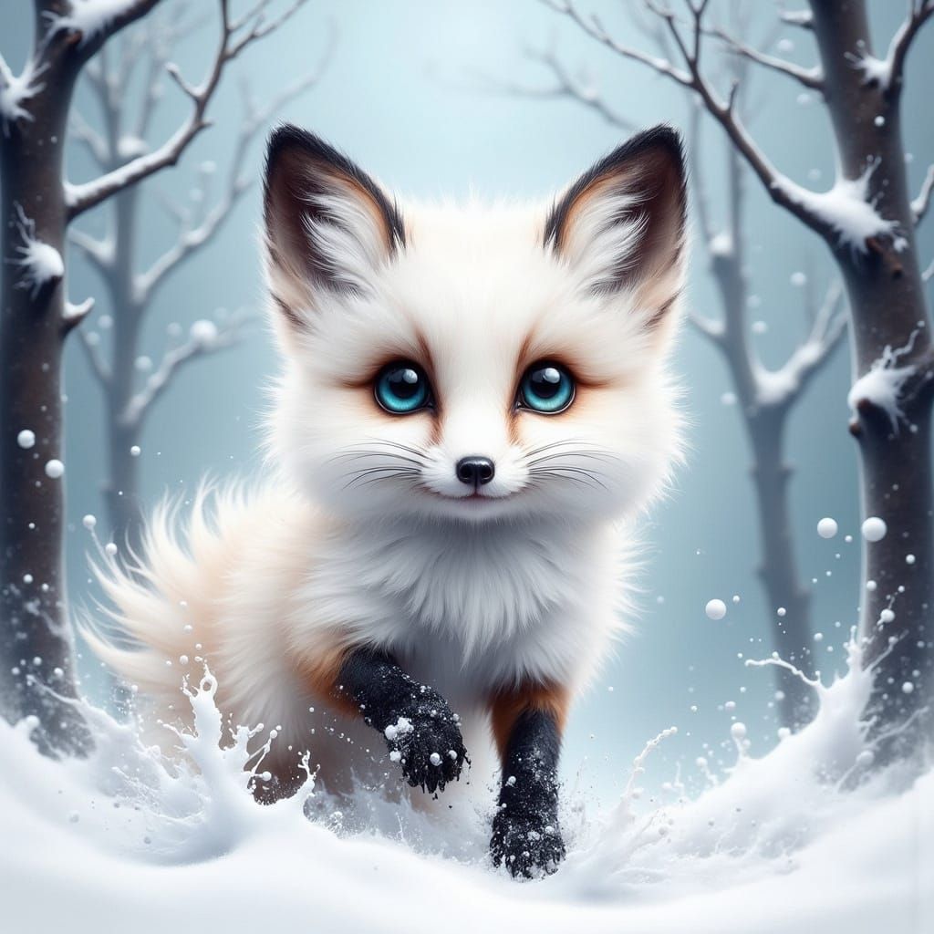 Whimsical Digital Art of Adorable Baby Fox in Winter Wonderl...