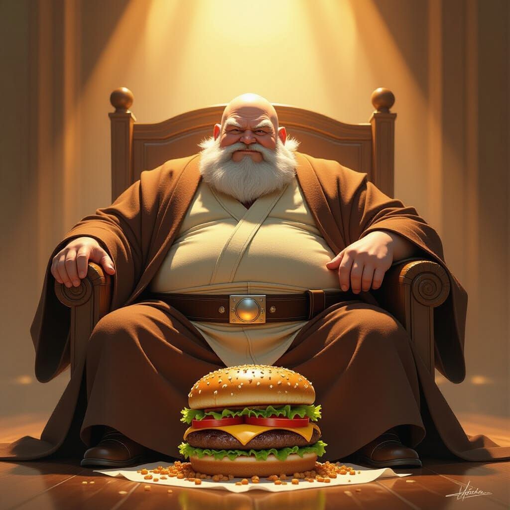 Jedi Master Enjoys Giant Burger in Painterly Style