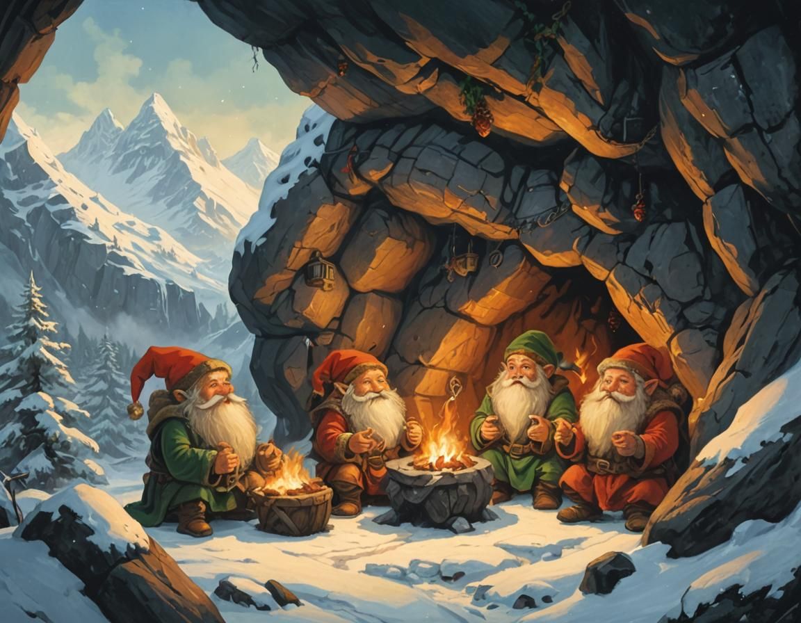 Merry Dwarven Christmas in Snowy Mountains, in Fantasy Art S...