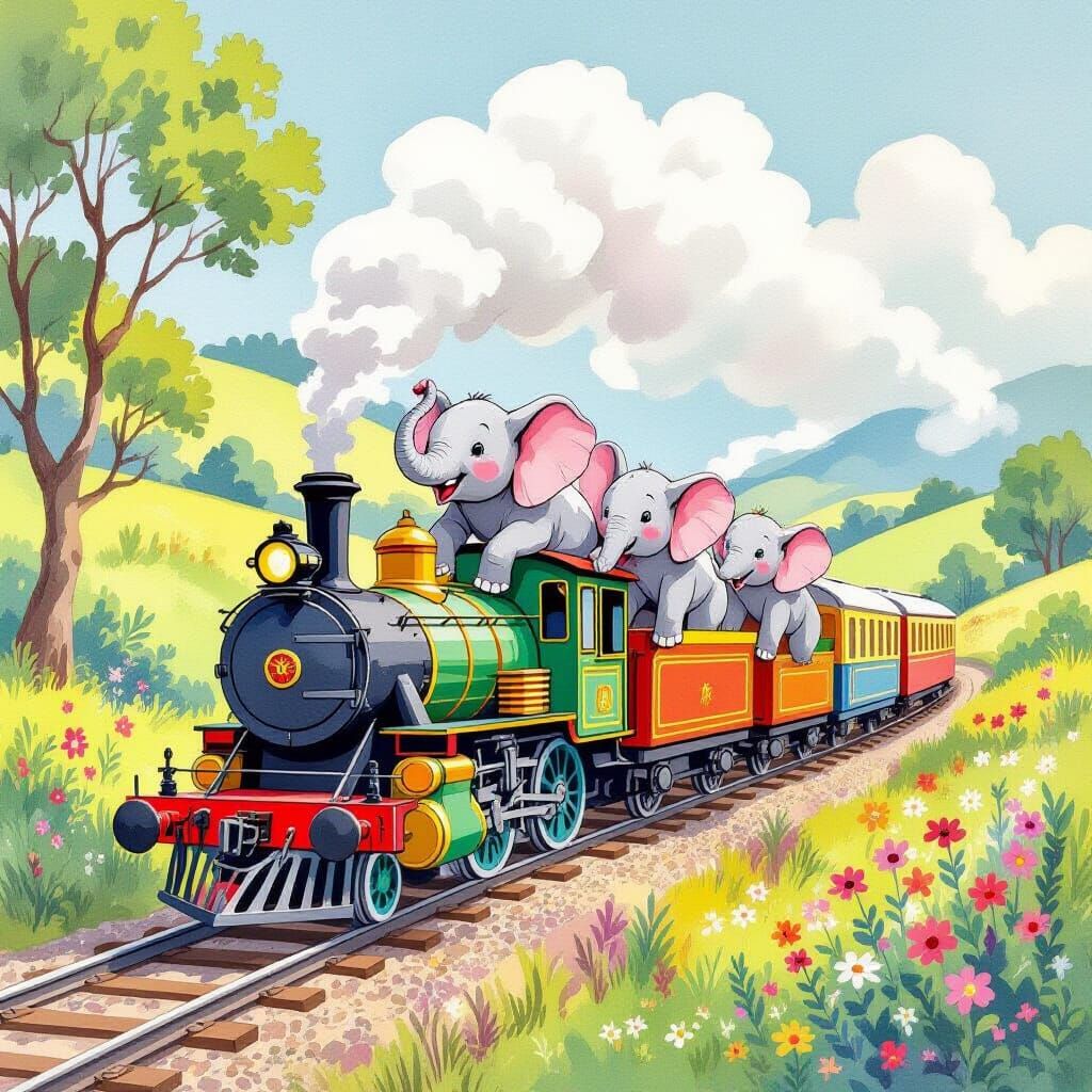 Whimsical Elephant Family Train Adventure in Watercolor