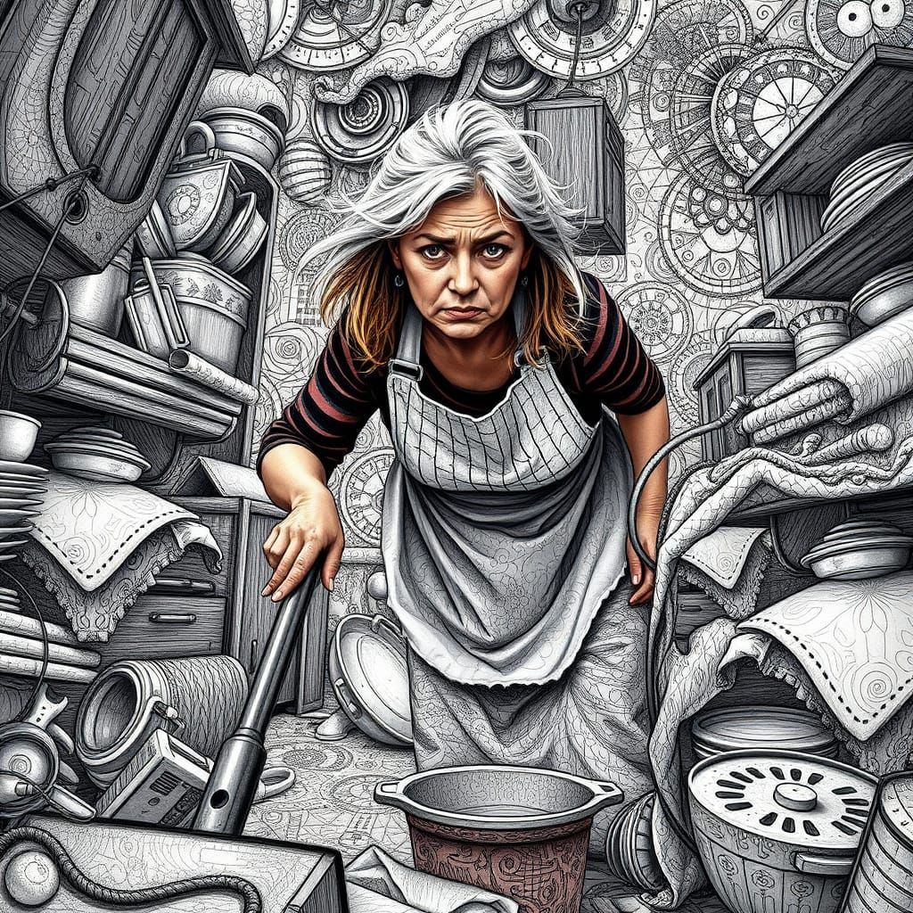 Frazzled Housewife Amidst Abstract Fractal Chaos