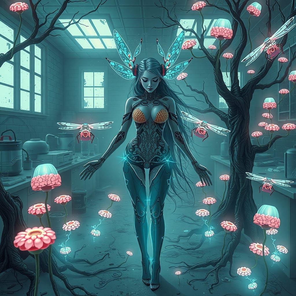 Cyberpunk Goddess Emerges from Quantum Forest