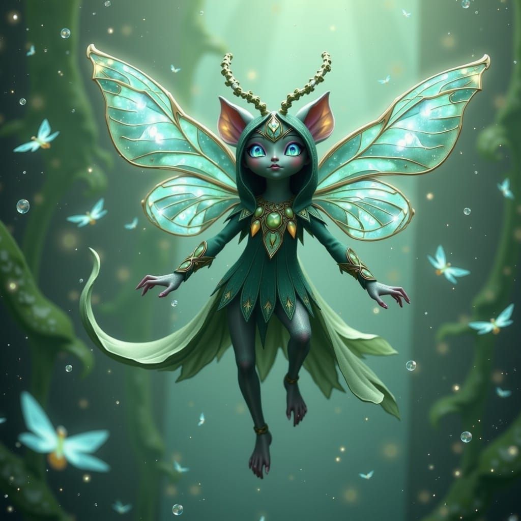 Feline-Butterfly Hybrid with Iridescent Wings, 3D Rendered