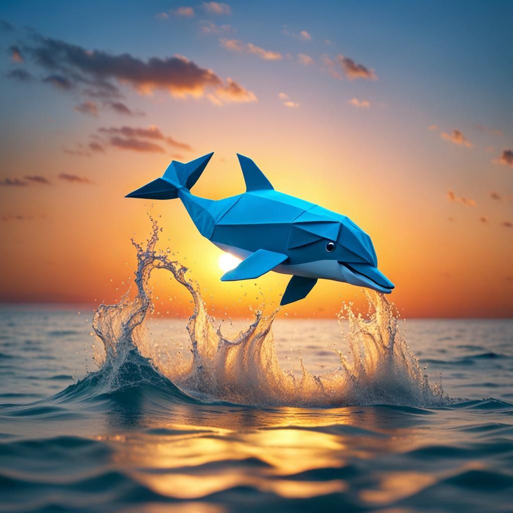 Dolphin Leaping at Sunset in Origami Style