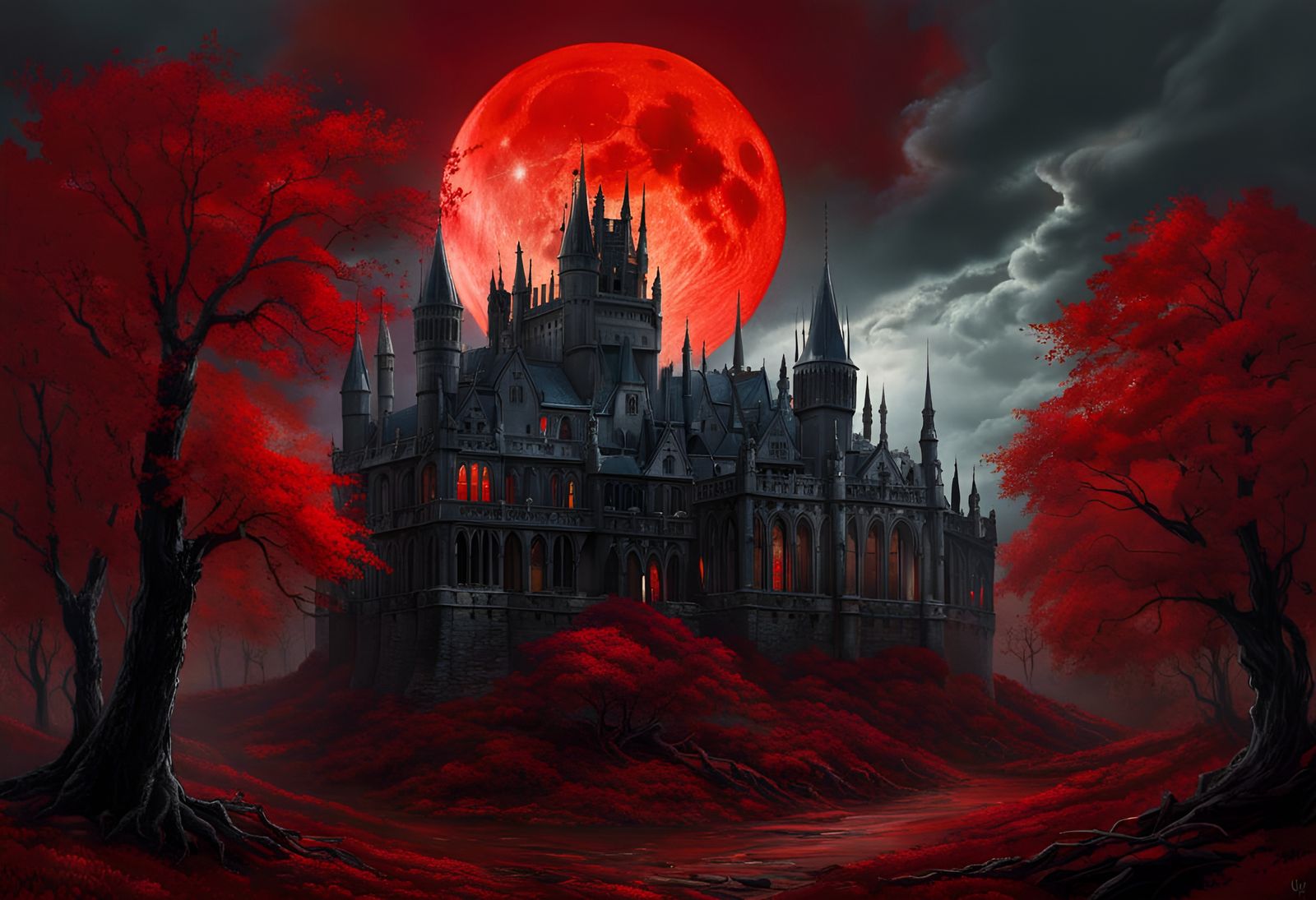 Epic Gothic Castle with Red Moon, Digital Painting