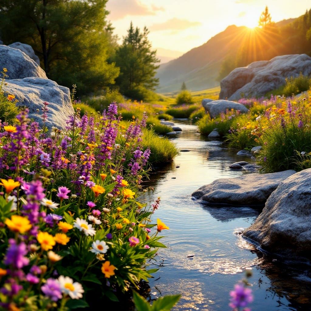 Peaceful Meadow with Wildflowers at Golden Hour