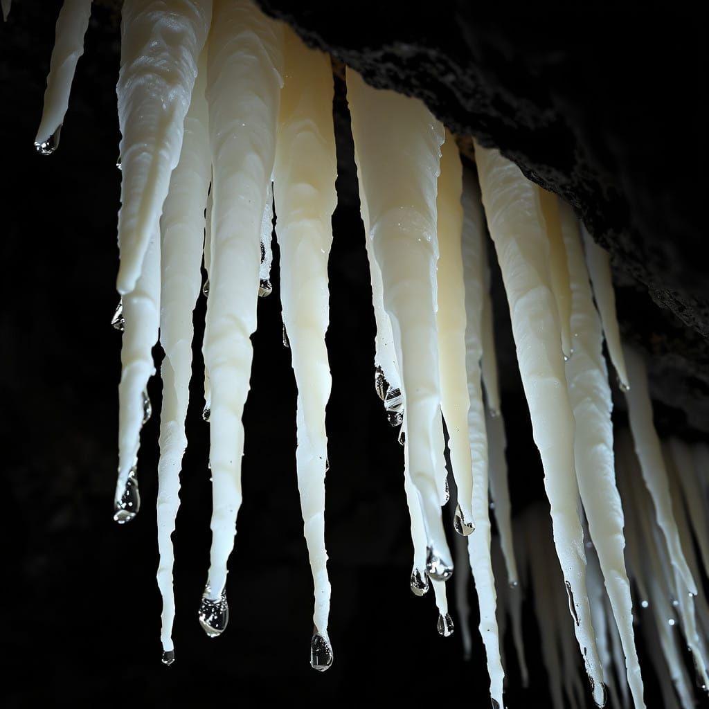 Limestone Stalactites in Dark Cave
