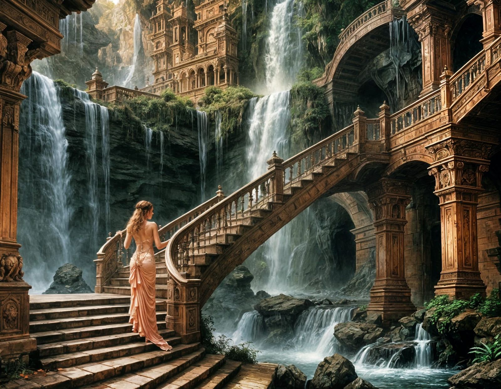 Salmon Fractal Waterfall Staircase in Fantasy Art Style