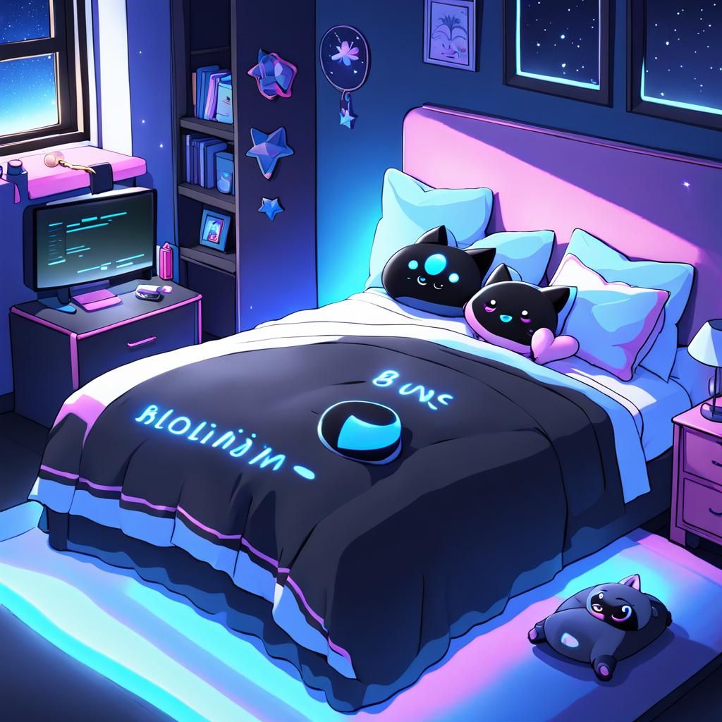 Bioluminescent Anime Wolf Plushie in Cute Bedroom