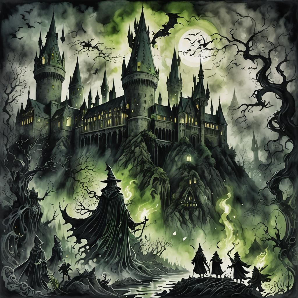 Halloween Wizards at Hogwarts: Dark Fantasy Ink Wash Paintin...