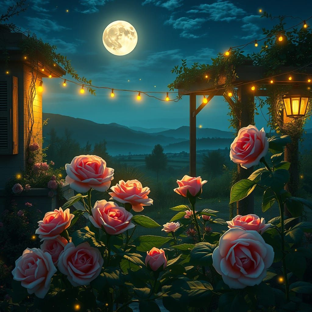 Glowing Nighttime Garden in Whimsical Impressionist Style