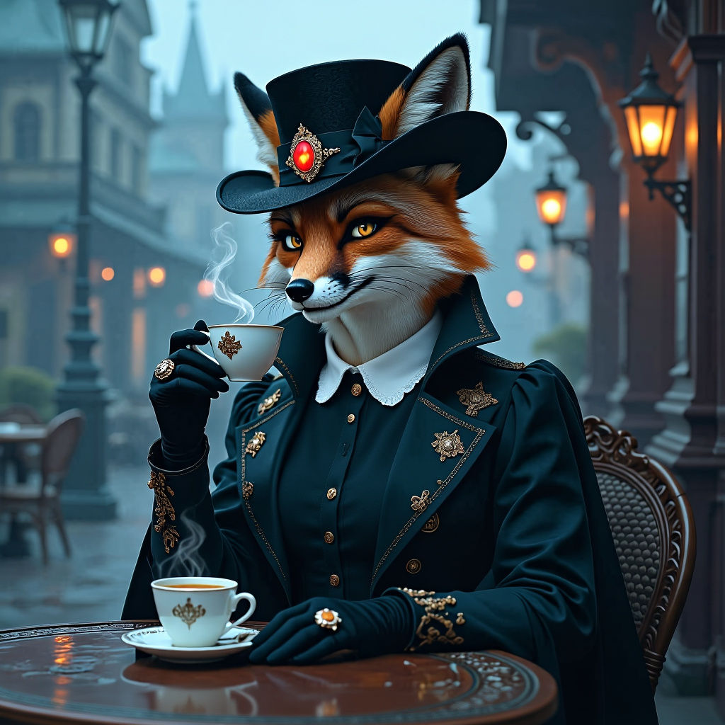 Steampunk Fox: Irene Adler Sipping Coffee
