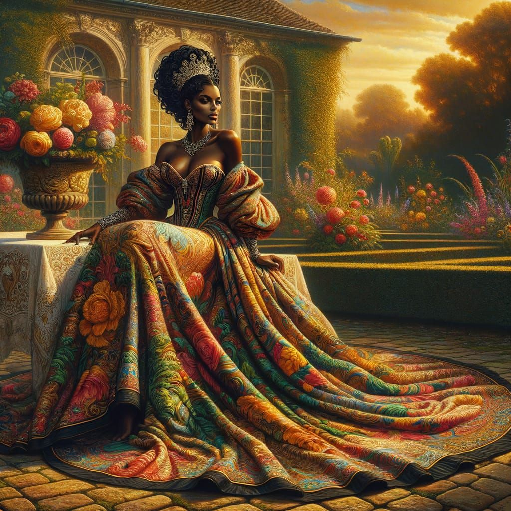 Elegant Caribbean Woman in Ornate Gown in English Garden
