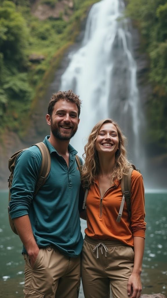 Joyful Couple Exploring a Stunning Waterfall on World Travel...