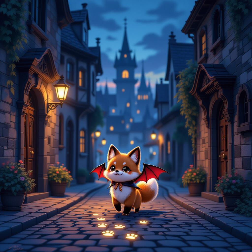 Gothic Cityscape with Bat-Winged Kitsune at Dusk